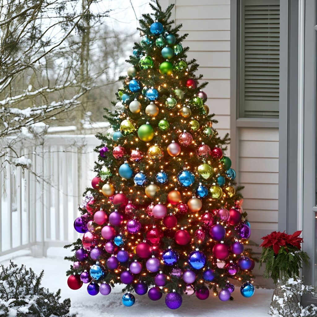 15. Rainbow Glitter Christmas Tree with Sparkling Ornaments