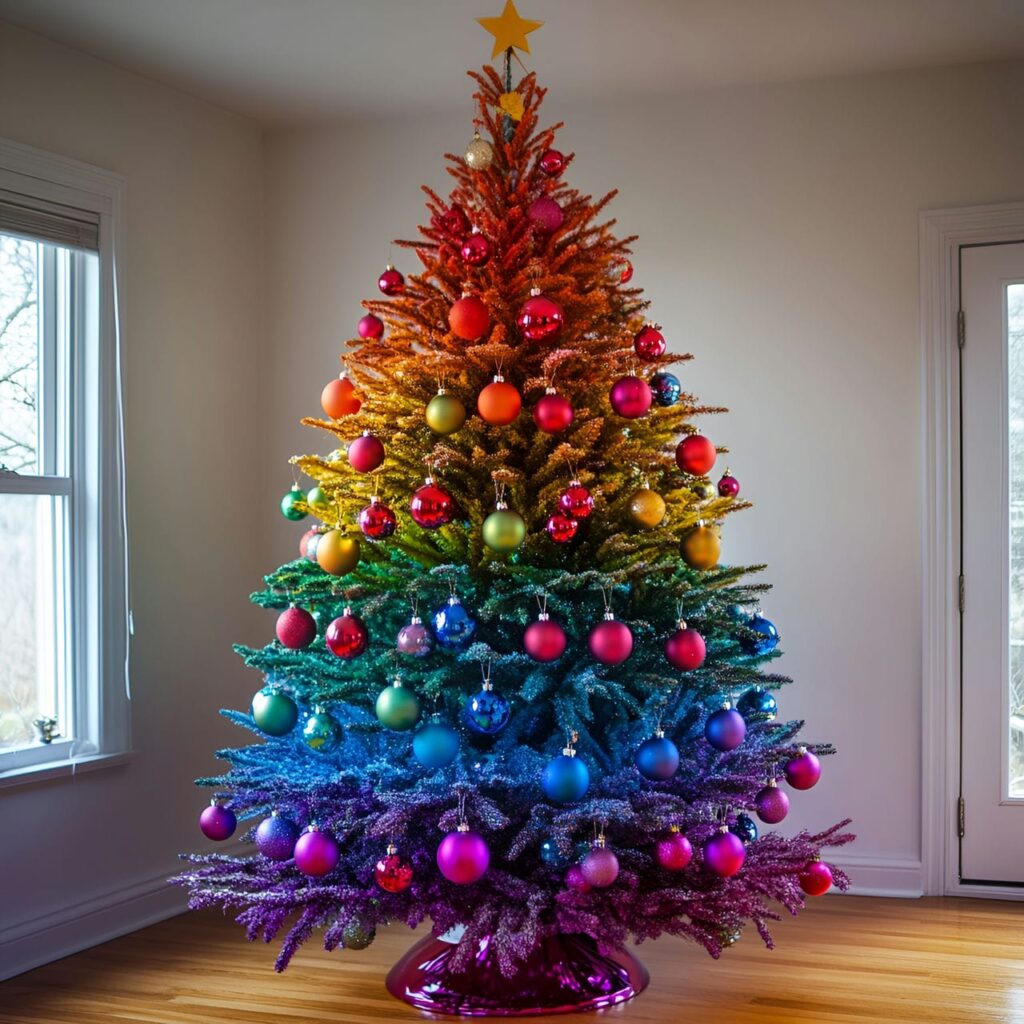 03. Rainbow-themed Christmas Tree with Bold Color Blocks