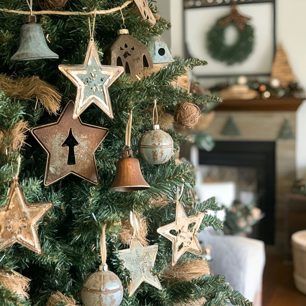 20. Recycled Metal Ornament Christmas Tree with Rustic Twine