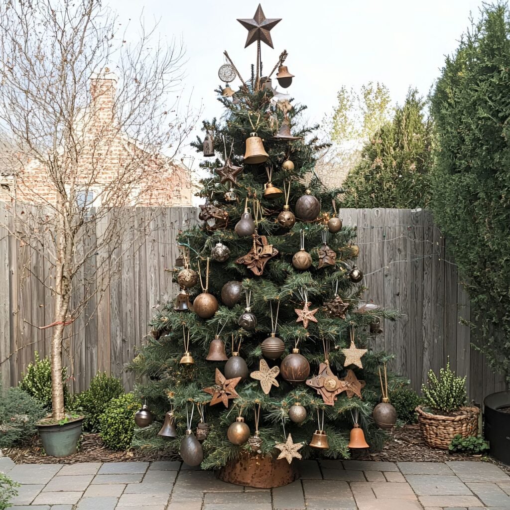 20. Recycled Metal Ornament Christmas Tree with Rustic Twine