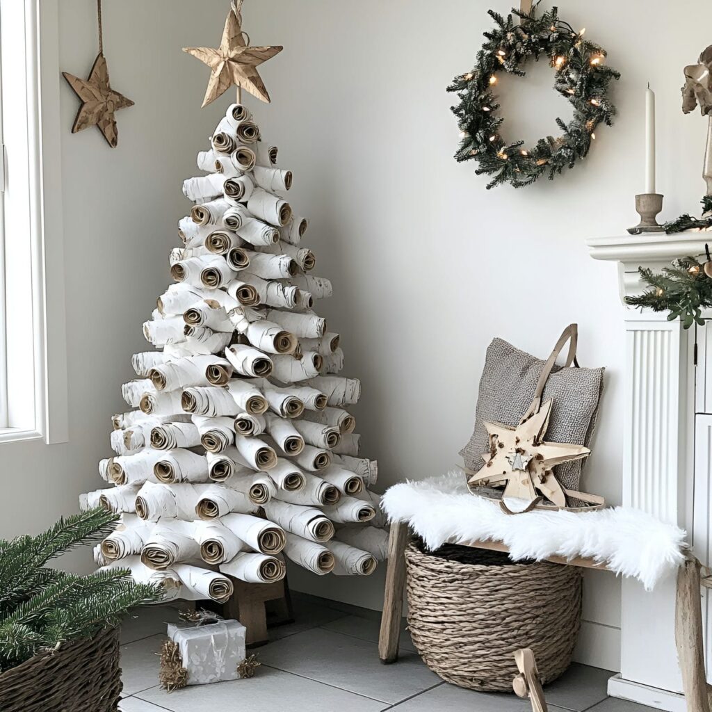 20. Recycled Paper Christmas Tree with Jute Garlands