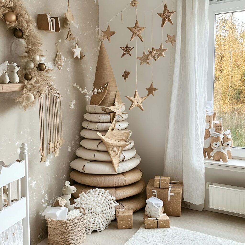 20. Recycled Paper Christmas Tree with Jute Garlands