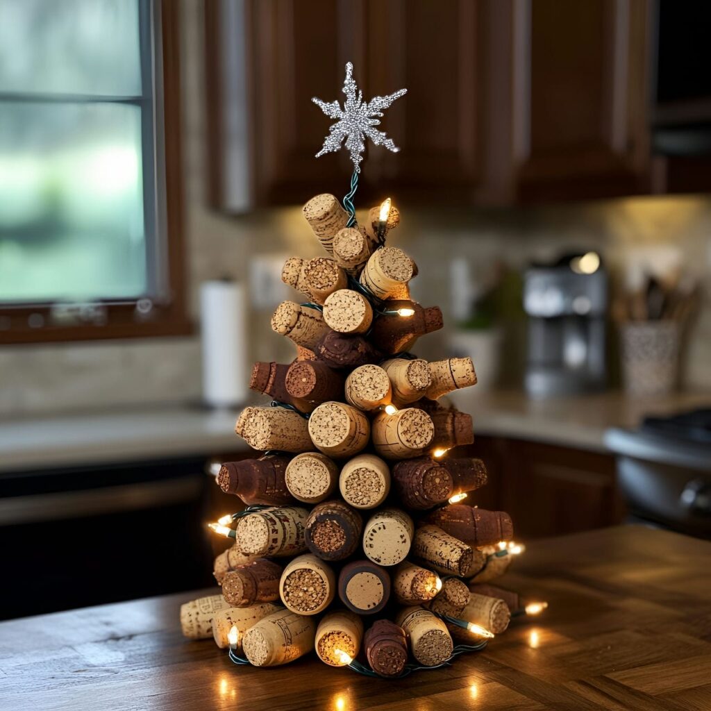 16. Recycled Wine Cork Christmas Tree with Beads and Lights