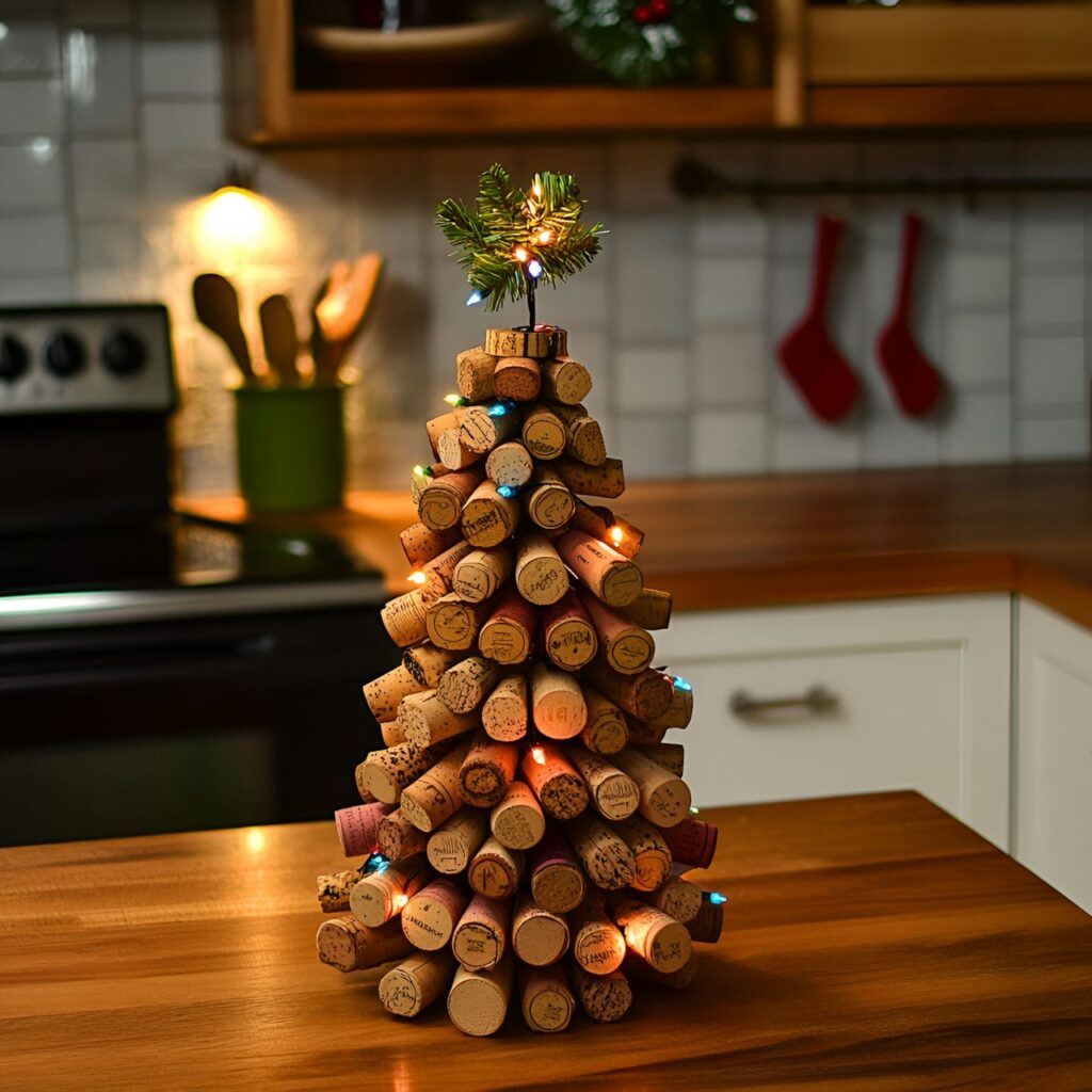 16. Recycled Wine Cork Christmas Tree with Beads and Lights