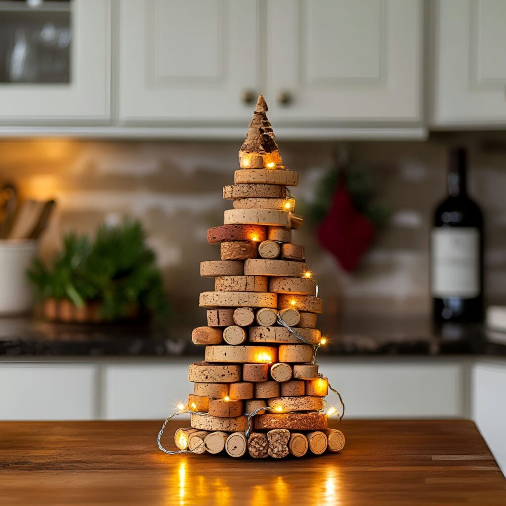 16. Recycled Wine Cork Christmas Tree with Beads and Lights