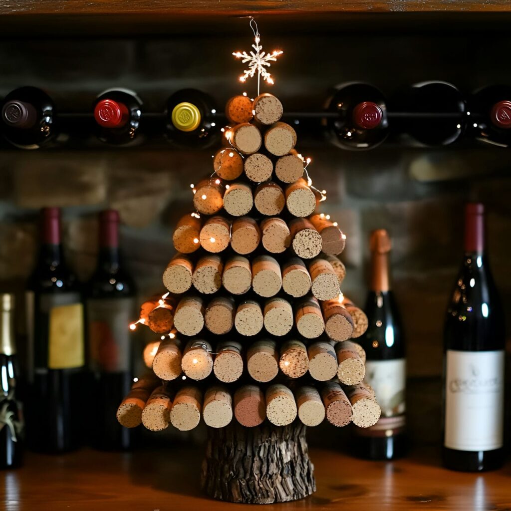 16. Recycled Wine Cork Christmas Tree with Beads and Lights