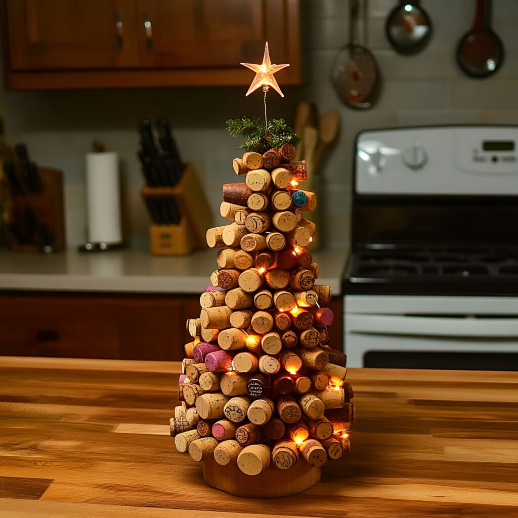 16. Recycled Wine Cork Christmas Tree with Beads and Lights