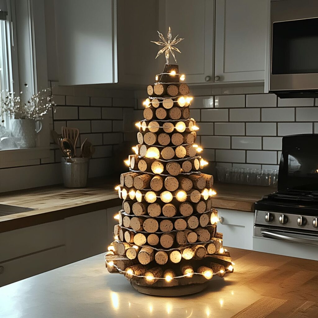 16. Recycled Wine Cork Christmas Tree with Beads and Lights