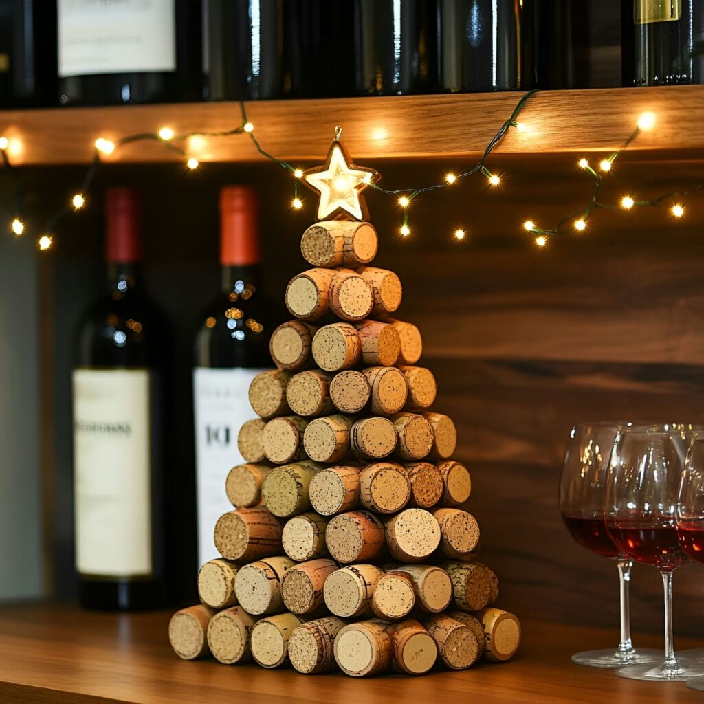 16. Recycled Wine Cork Christmas Tree with Beads and Lights