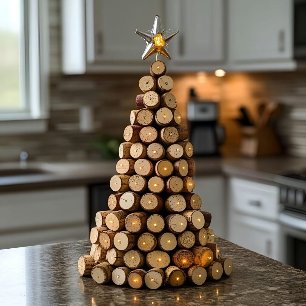 16. Recycled Wine Cork Christmas Tree with Beads and Lights