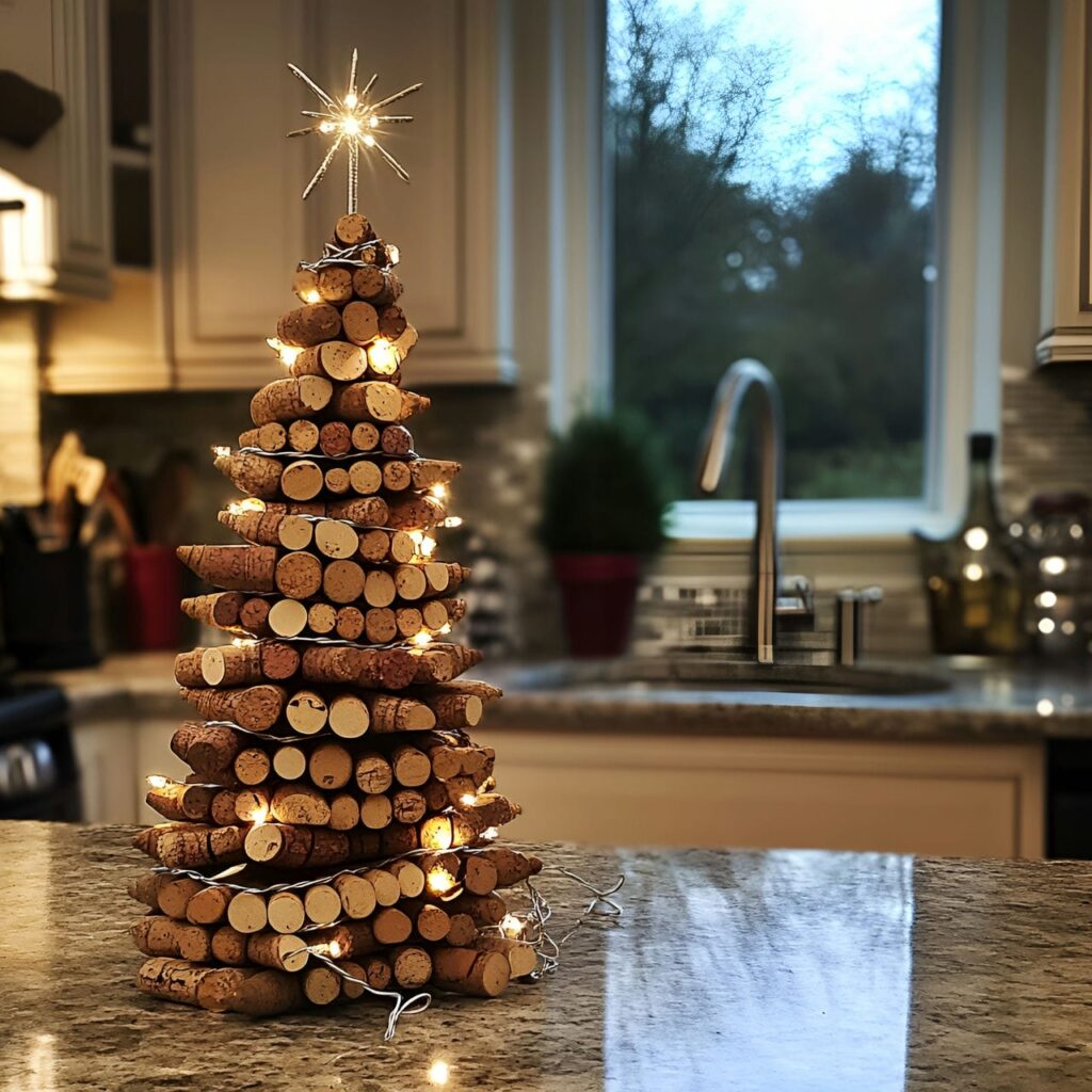 16. Recycled Wine Cork Christmas Tree with Beads and Lights