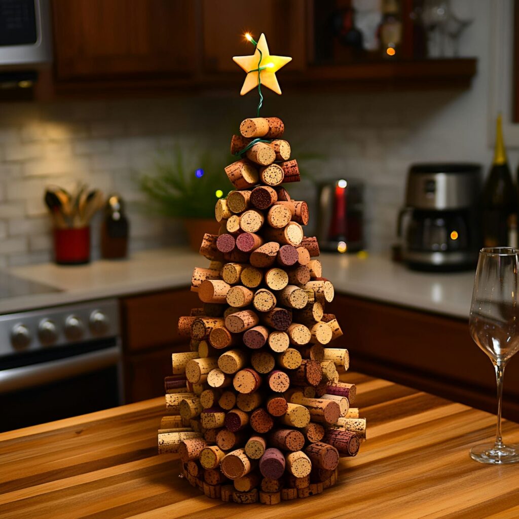 16. Recycled Wine Cork Christmas Tree with Beads and Lights