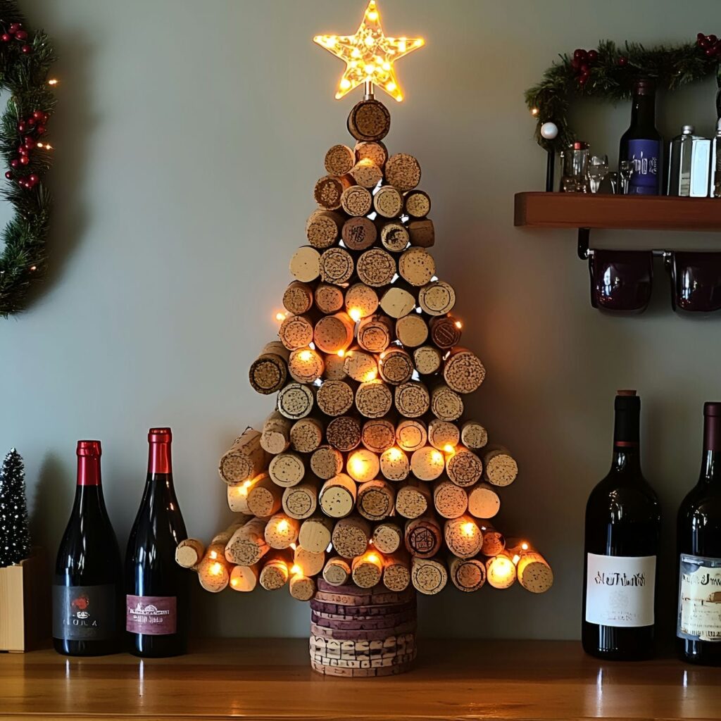 16. Recycled Wine Cork Christmas Tree with Beads and Lights