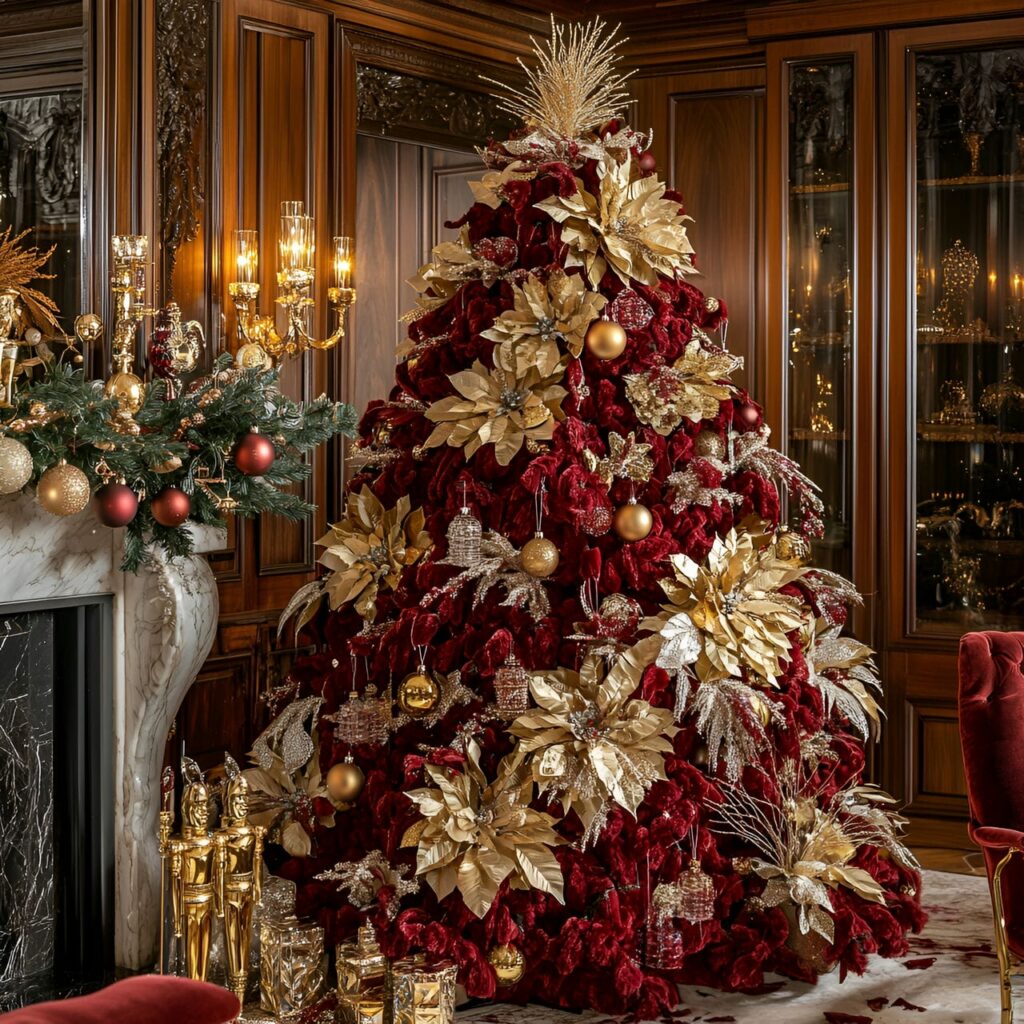 12. Red Velvet & Gold Designer Christmas Tree with Crystal Icicles