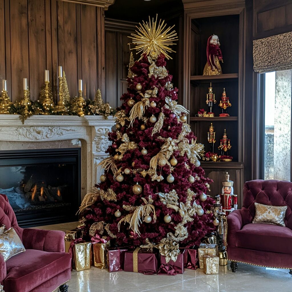 12. Red Velvet & Gold Designer Christmas Tree with Crystal Icicles