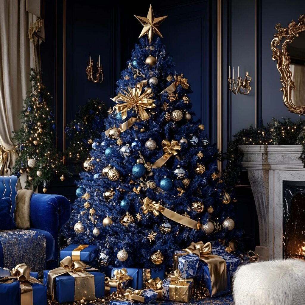 16. Regal Blue and Gold Christmas Elegance with Velvet Ribbon