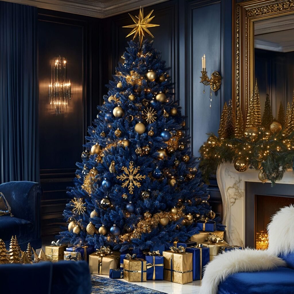 16. Regal Blue and Gold Christmas Elegance with Velvet Ribbon