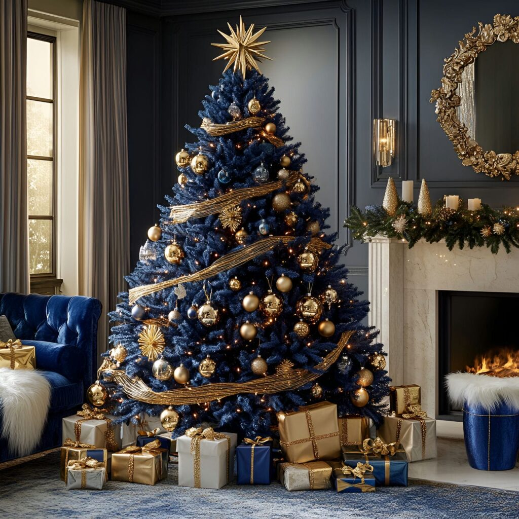 16. Regal Blue and Gold Christmas Elegance with Velvet Ribbon