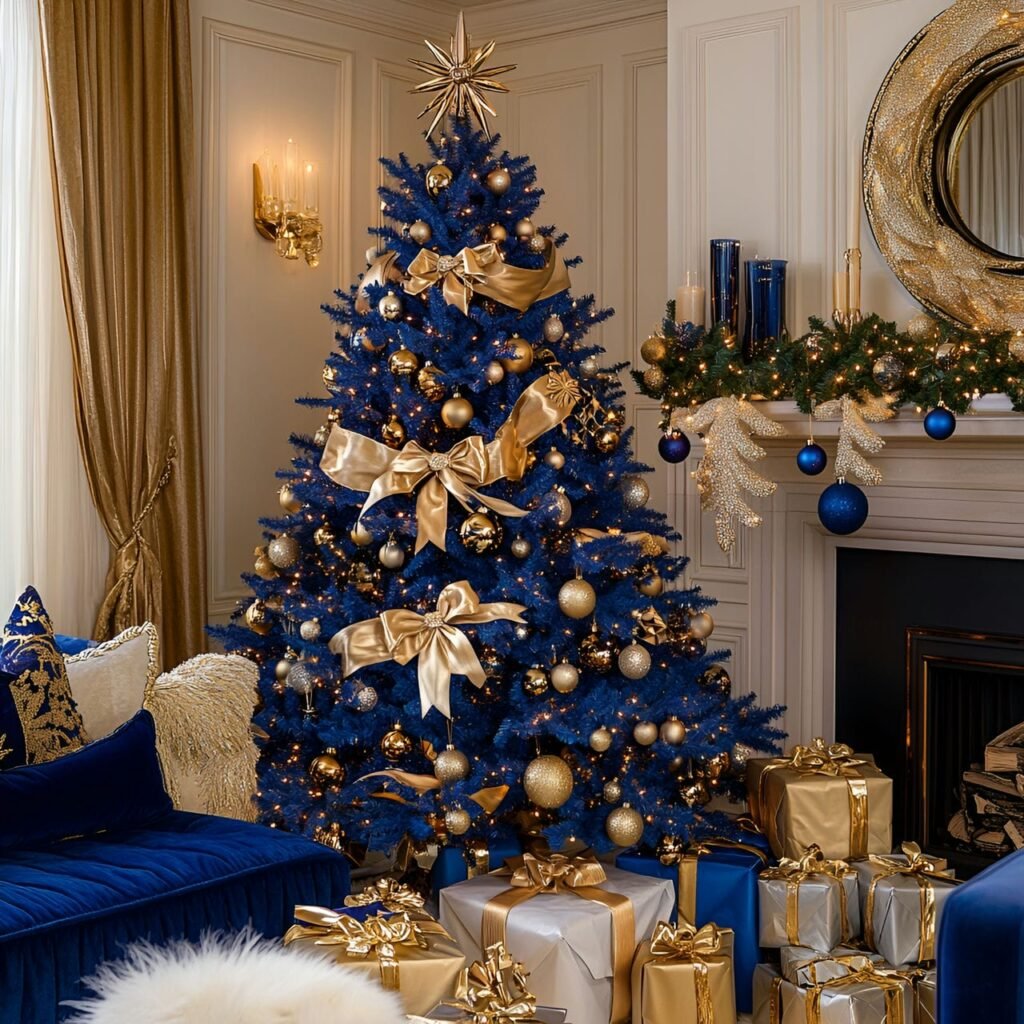 16. Regal Blue and Gold Christmas Elegance with Velvet Ribbon