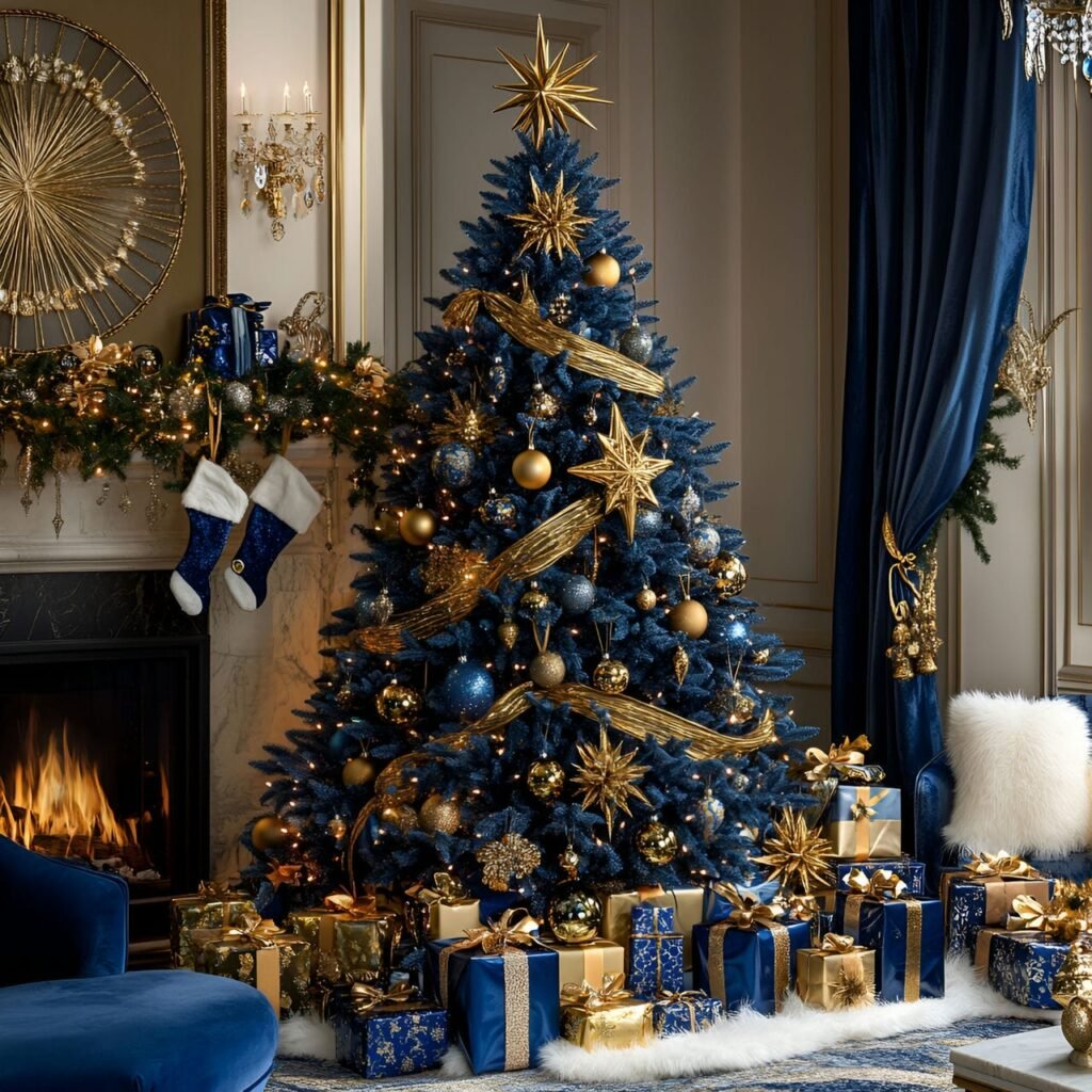 16. Regal Blue and Gold Christmas Elegance with Velvet Ribbon