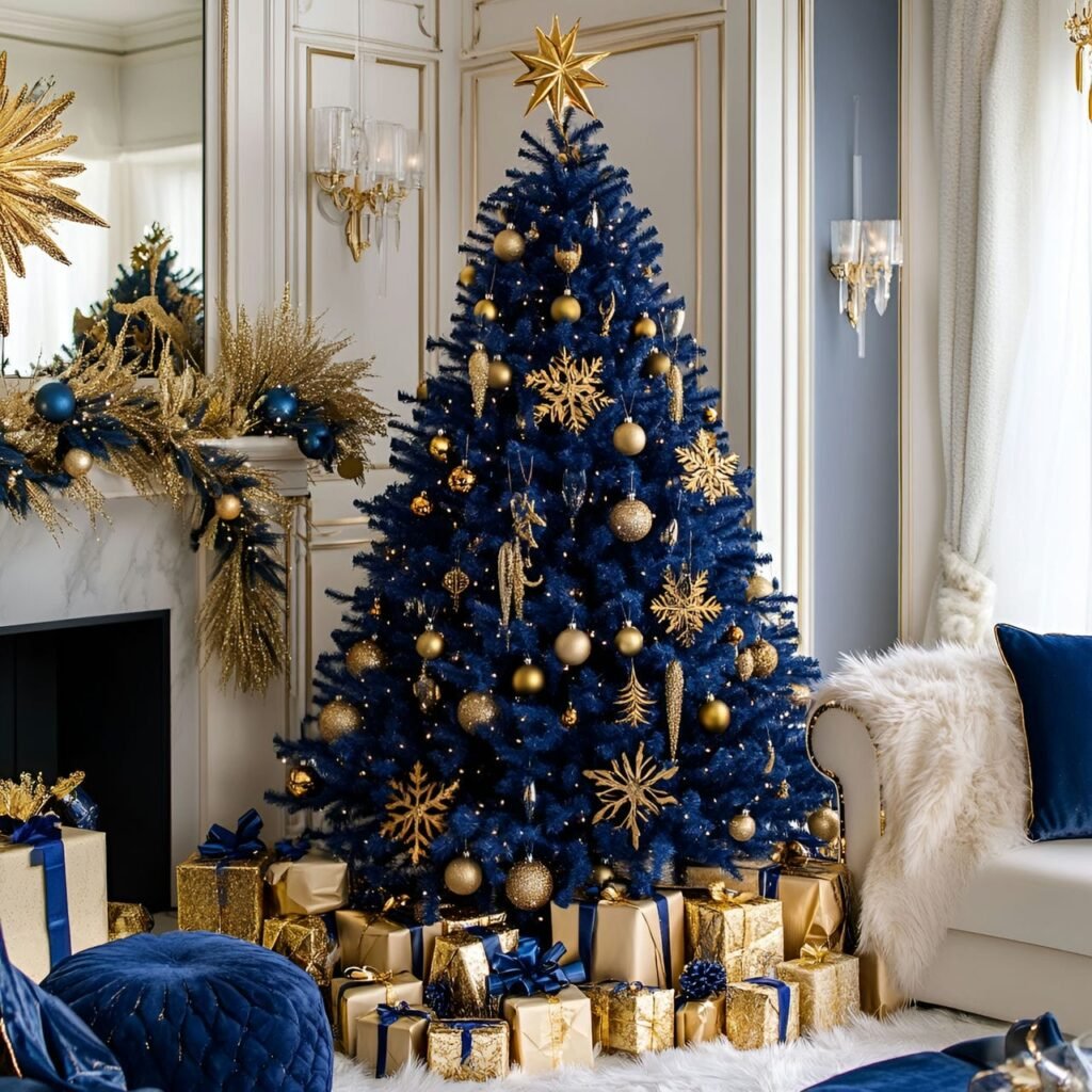 16. Regal Blue and Gold Christmas Elegance with Velvet Ribbon