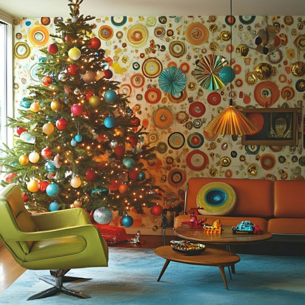 23. Retro Glass Bauble Tree with Paper Fans & Tinsel Garlands