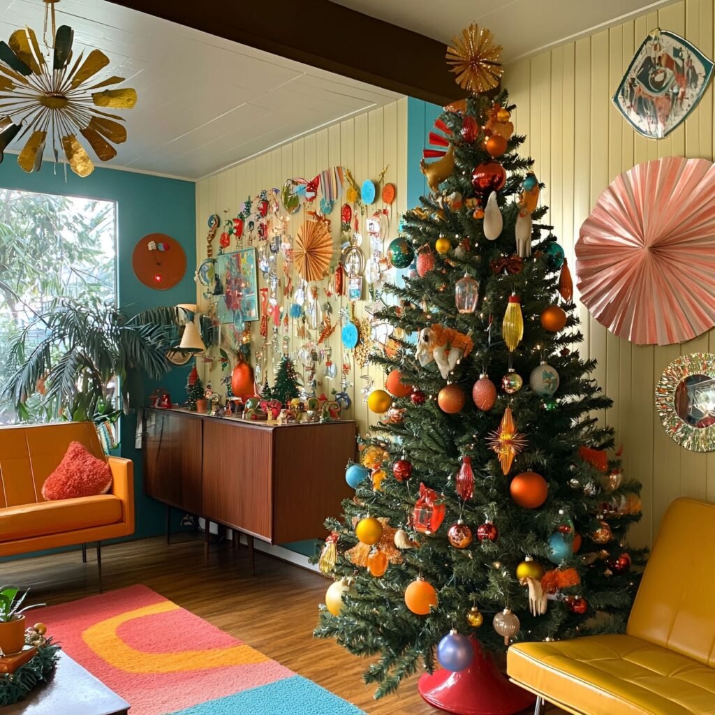 23. Retro Glass Bauble Tree with Paper Fans & Tinsel Garlands