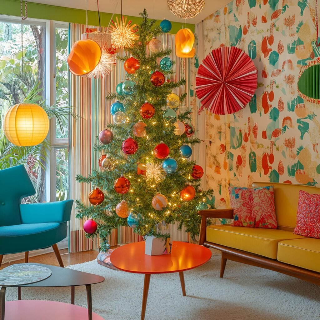 23. Retro Glass Bauble Tree with Paper Fans & Tinsel Garlands