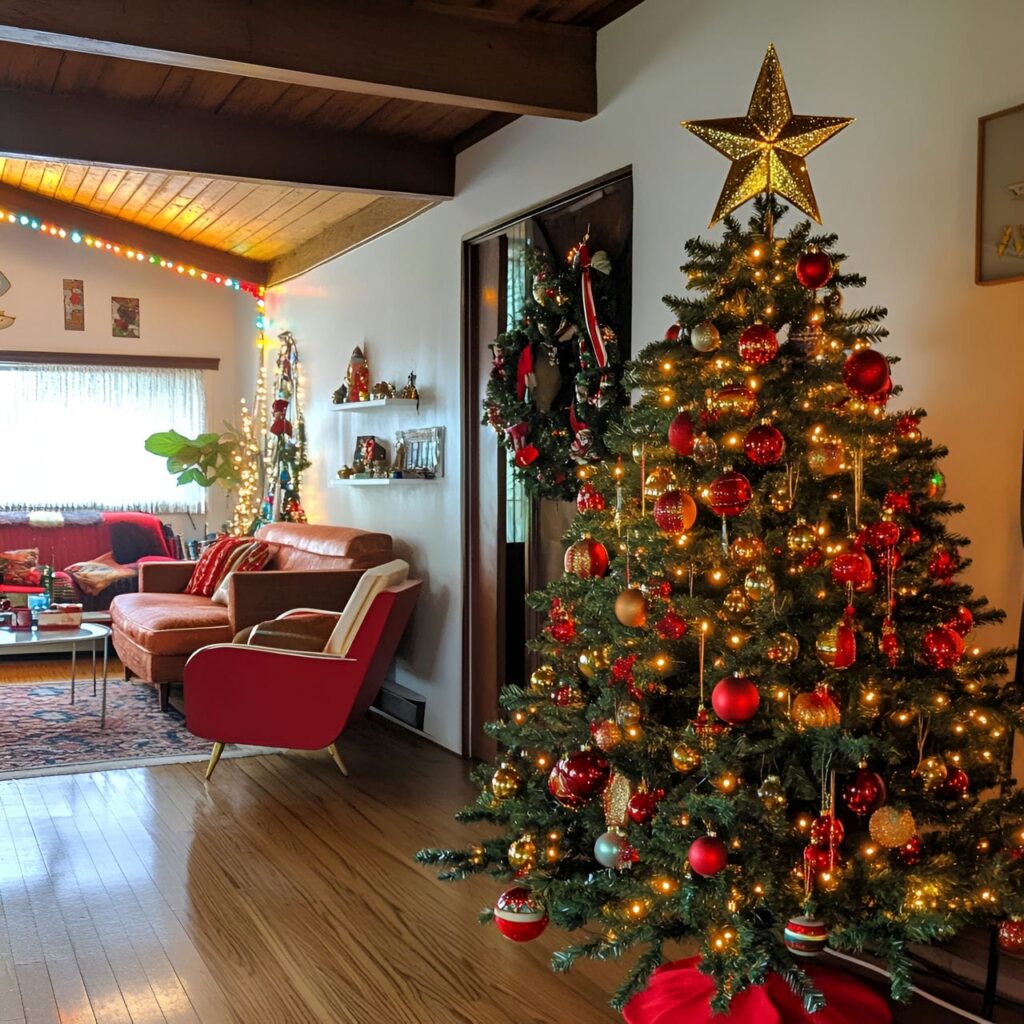 03. Retro Red and Gold Tree with Star Topper and Shiny Garlands