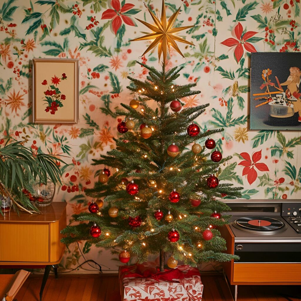 03. Retro Red and Gold Tree with Star Topper and Shiny Garlands