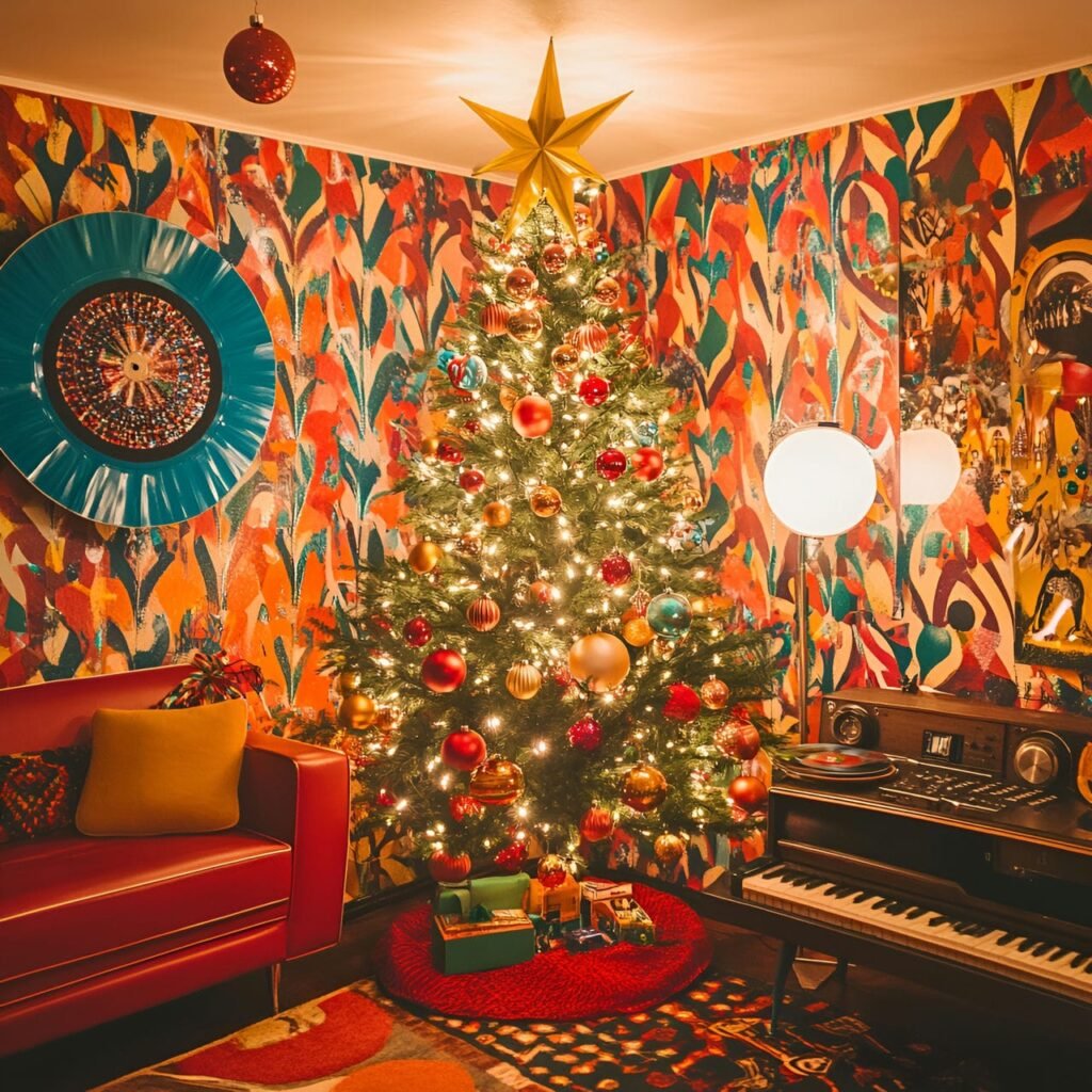 03. Retro Red and Gold Tree with Star Topper and Shiny Garlands