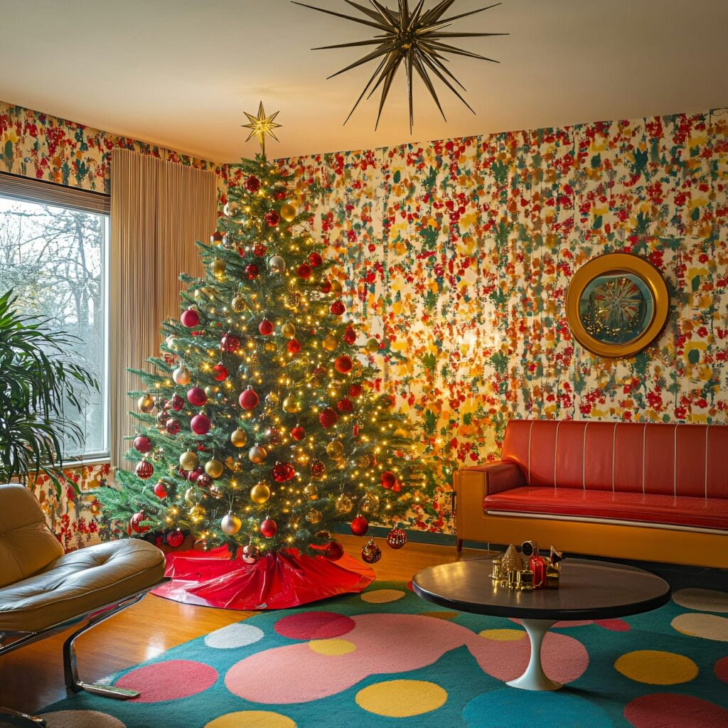 03. Retro Red and Gold Tree with Star Topper and Shiny Garlands