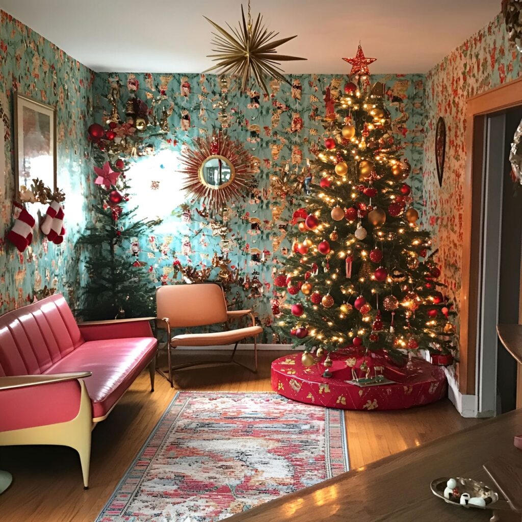 03. Retro Red and Gold Tree with Star Topper and Shiny Garlands