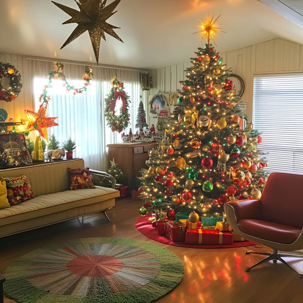 03. Retro Red and Gold Tree with Star Topper and Shiny Garlands