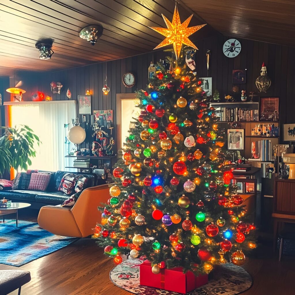 03. Retro Red and Gold Tree with Star Topper and Shiny Garlands