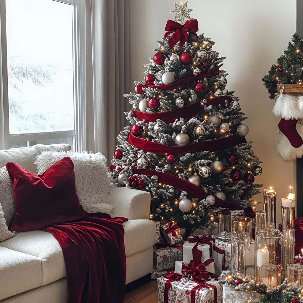 19. Ruby Velvet & Chrome Elegance Tree with Cozy Candlelight