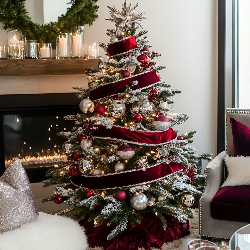 19. Ruby Velvet & Chrome Elegance Tree with Cozy Candlelight