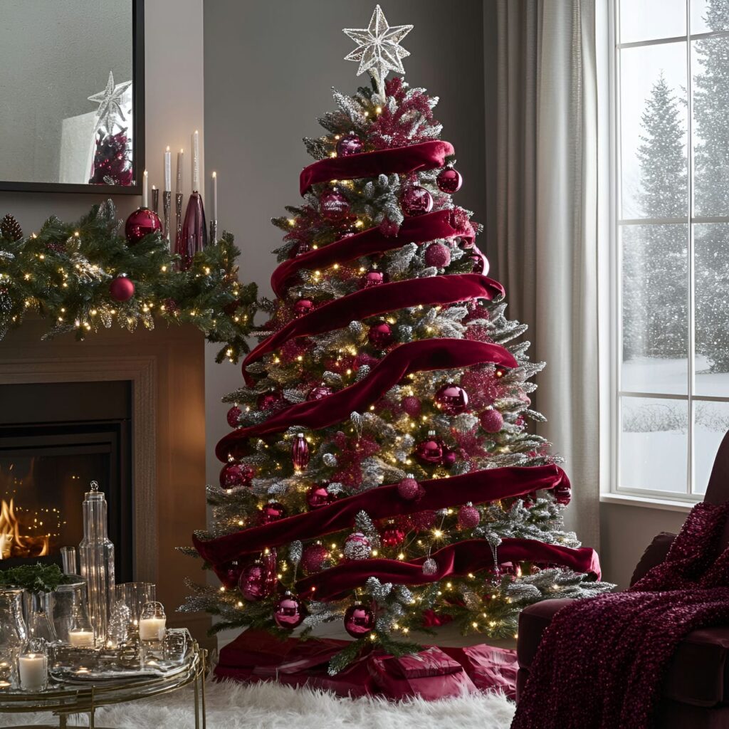 19. Ruby Velvet & Chrome Elegance Tree with Cozy Candlelight