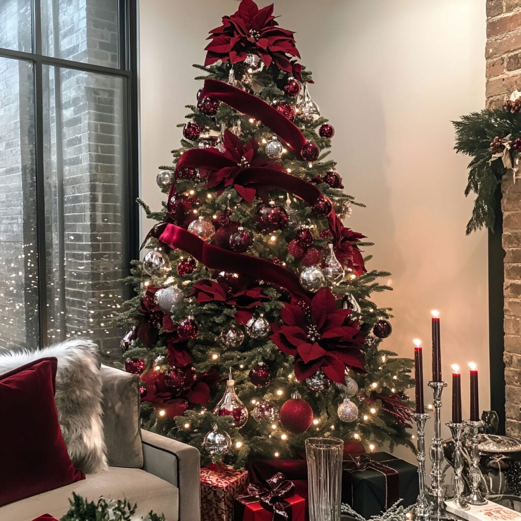 19. Ruby Velvet & Chrome Elegance Tree with Cozy Candlelight