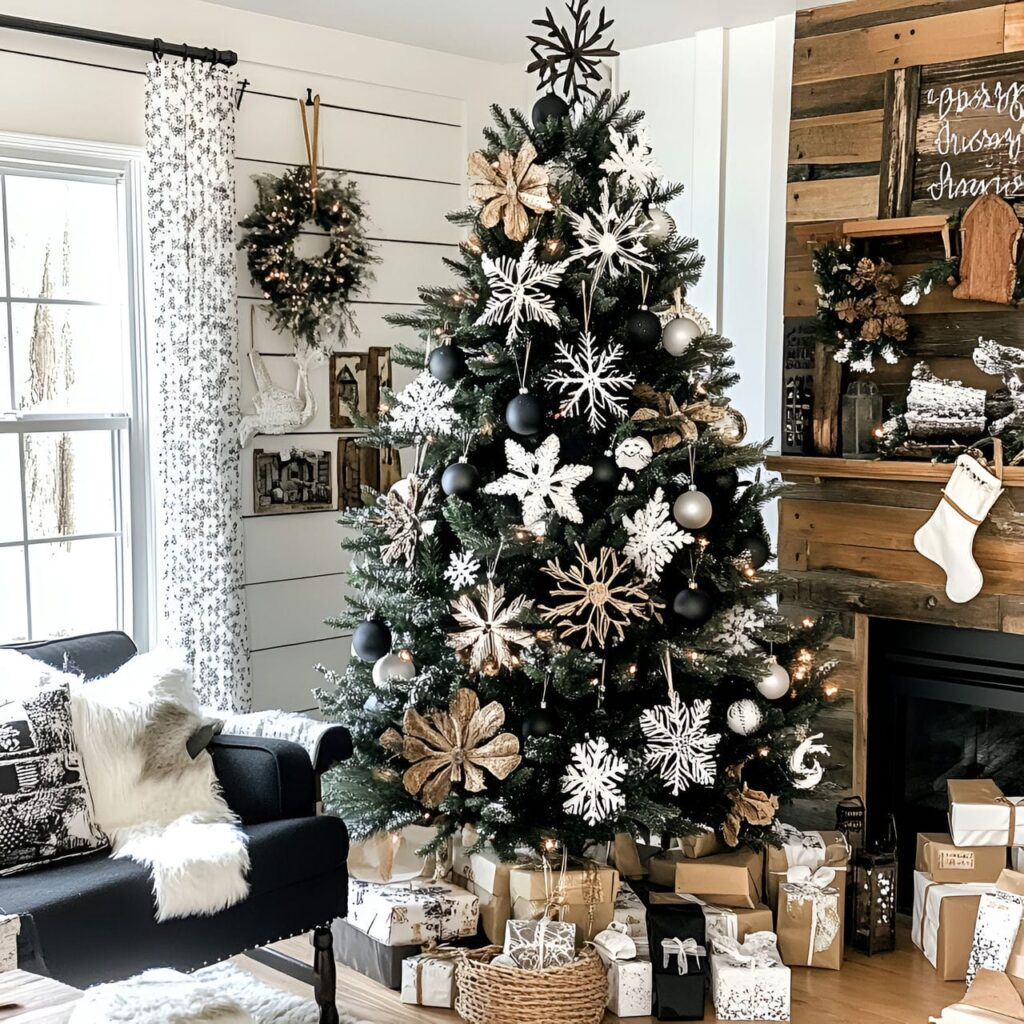 09. Rustic Black & White Tree with Wooden and Pinecone Accents