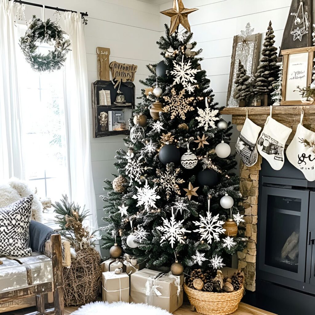 09. Rustic Black & White Tree with Wooden and Pinecone Accents