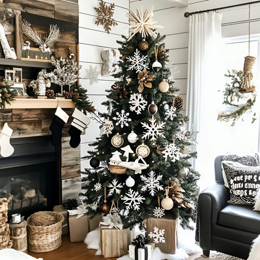 09. Rustic Black & White Tree with Wooden and Pinecone Accents