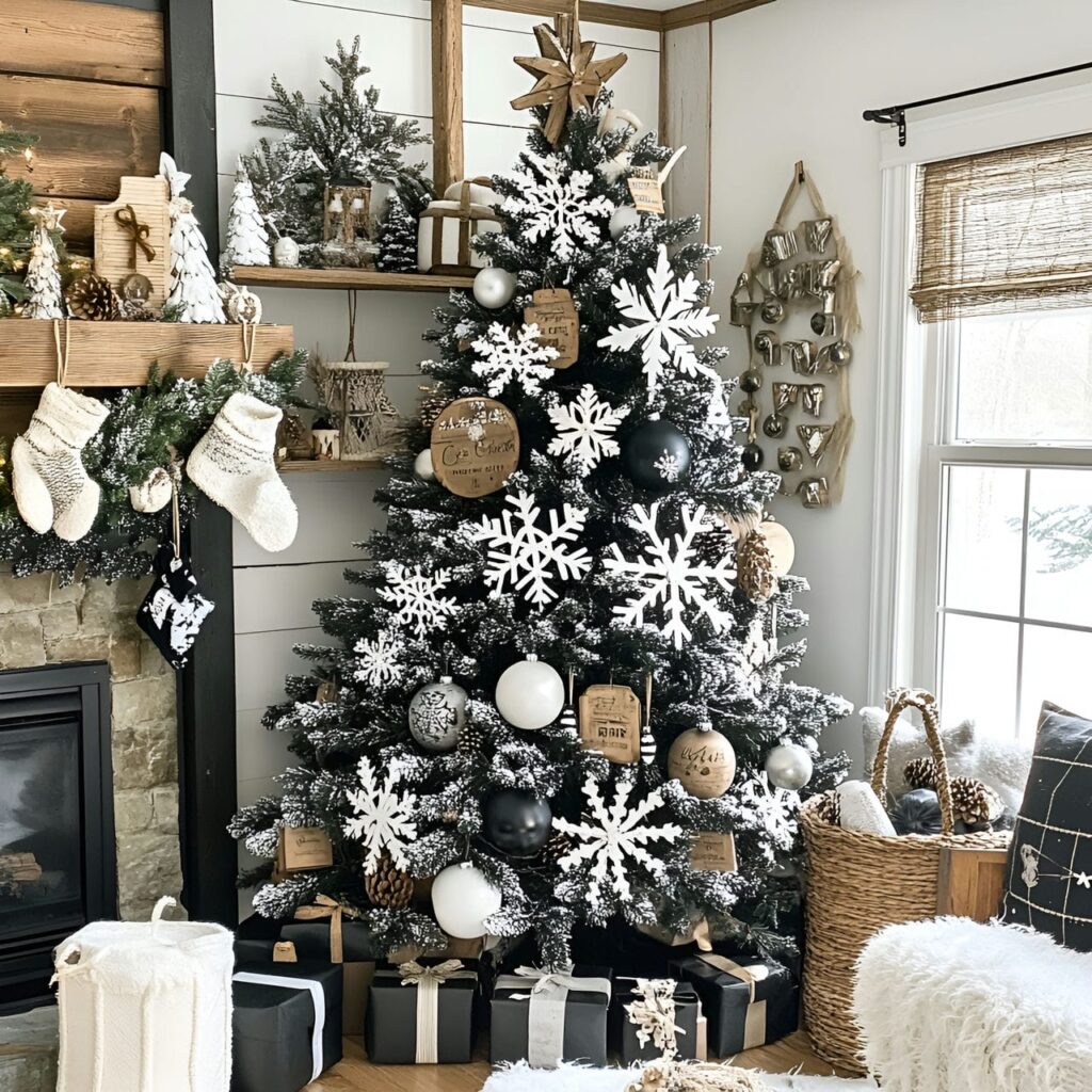 09. Rustic Black & White Tree with Wooden and Pinecone Accents