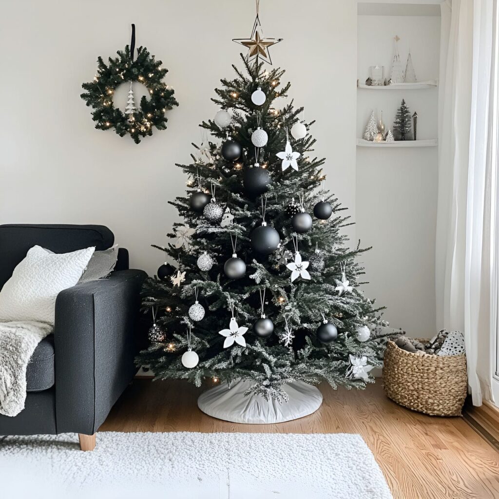 09. Rustic Black & White Tree with Wooden and Pinecone Accents