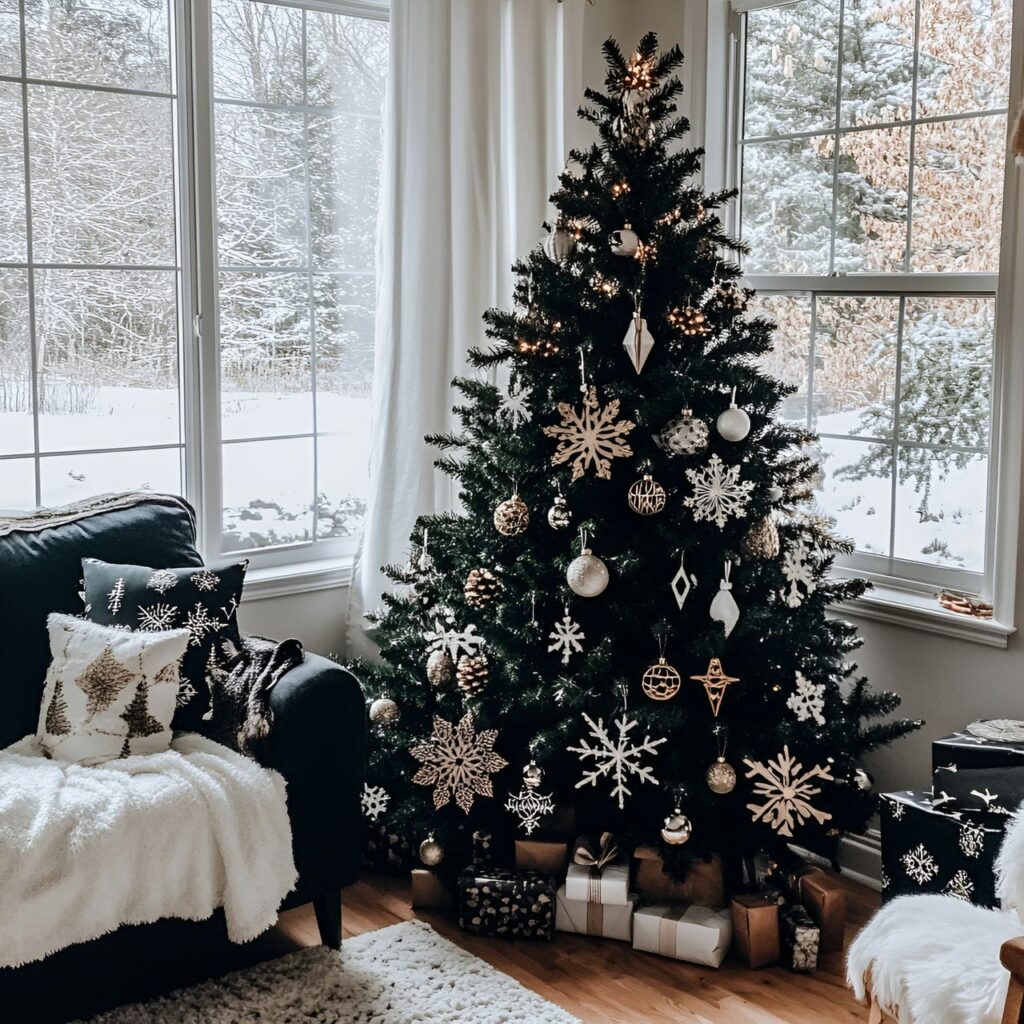 09. Rustic Black & White Tree with Wooden and Pinecone Accents