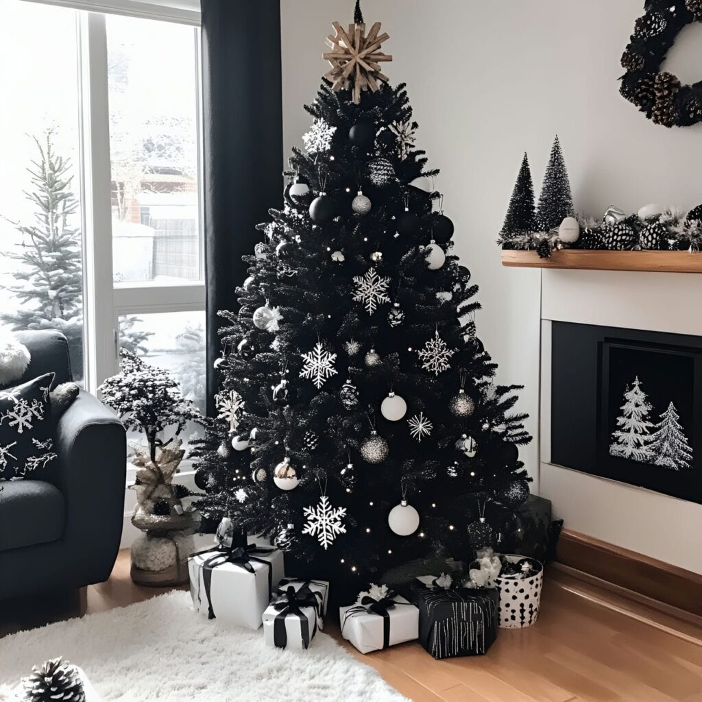 09. Rustic Black & White Tree with Wooden and Pinecone Accents