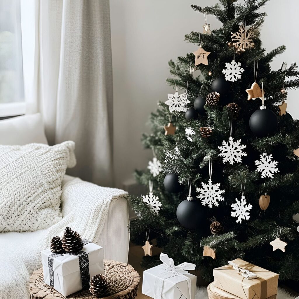 09. Rustic Black & White Tree with Wooden and Pinecone Accents