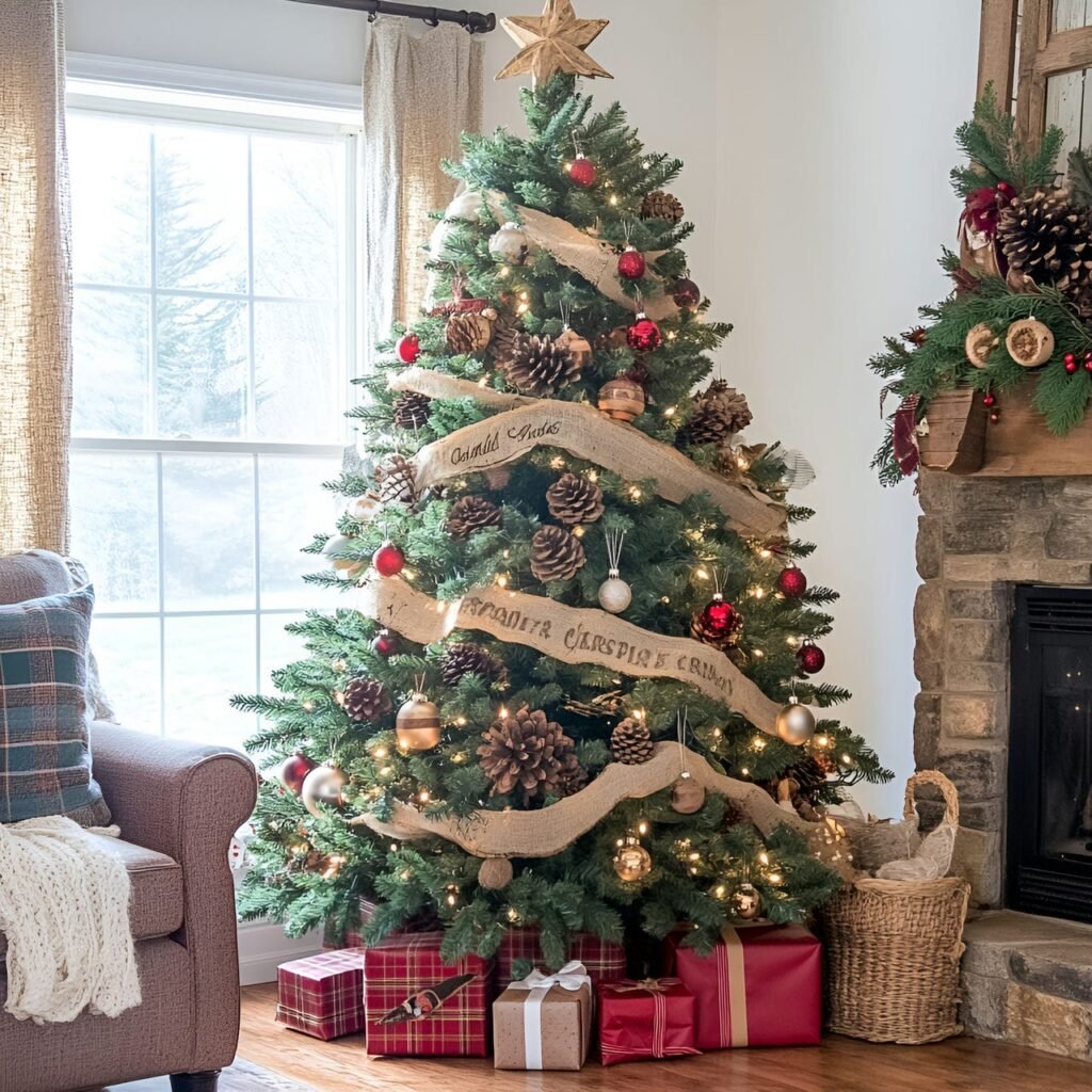 17. Rustic Farmhouse Christmas Tree: Cozy and Charming Country-Inspired Décor