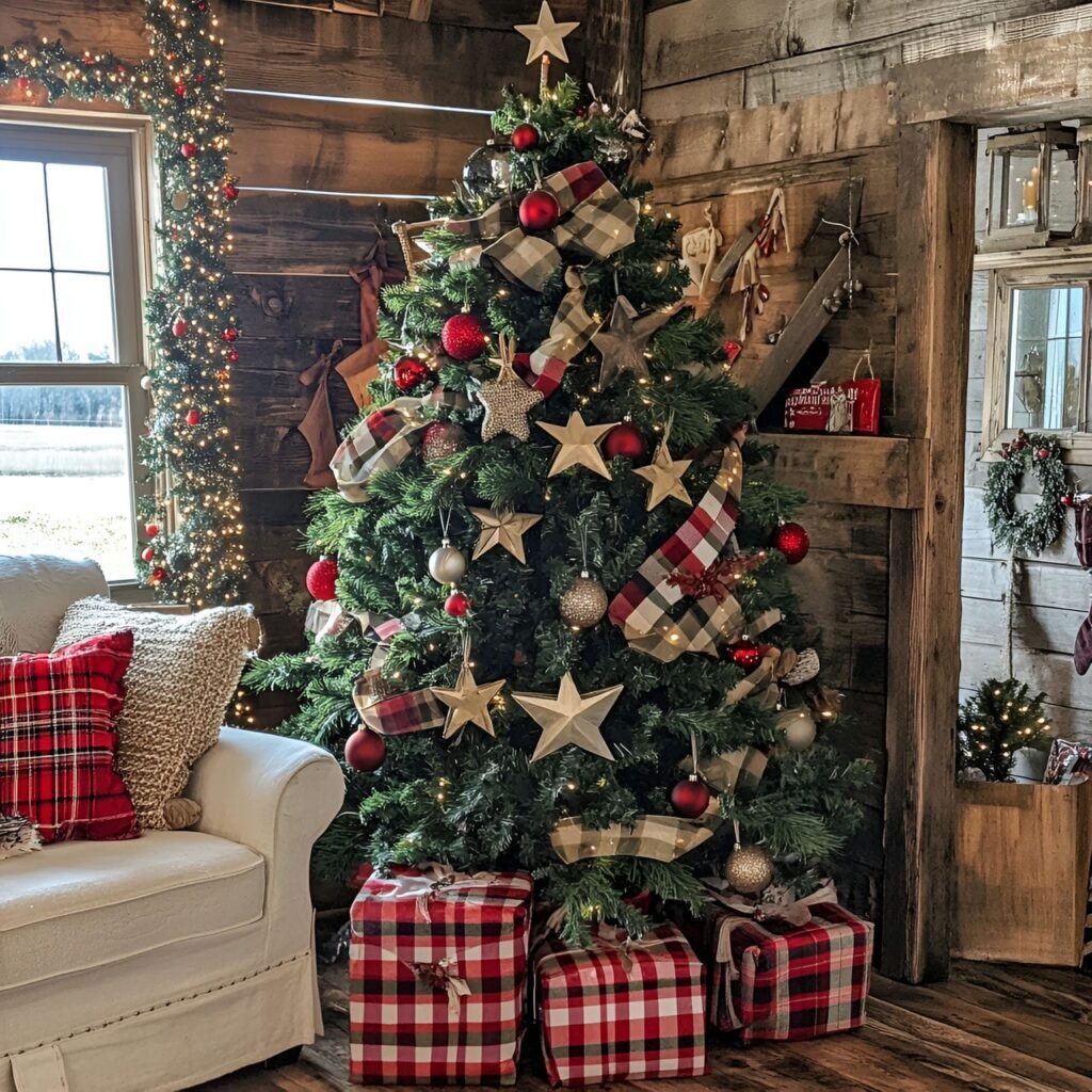 17. Rustic Farmhouse Christmas Tree: Cozy and Charming Country-Inspired Décor