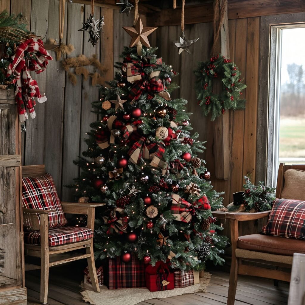 17. Rustic Farmhouse Christmas Tree: Cozy and Charming Country-Inspired Décor